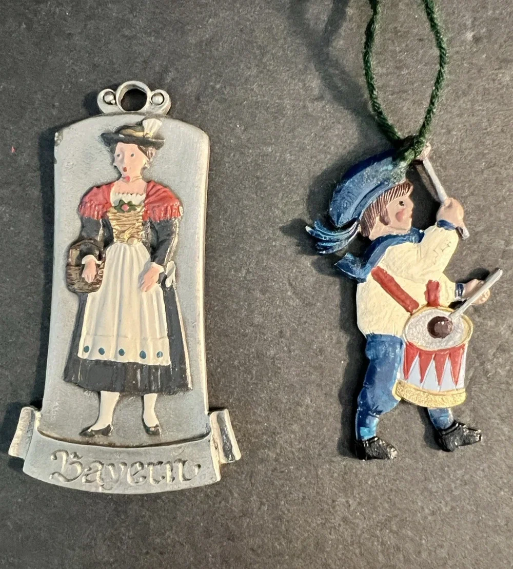 Lot of 2 KUHN ZINN PEWTER Ornaments Bavarian & Drummer Boy Hand Painted Enamel